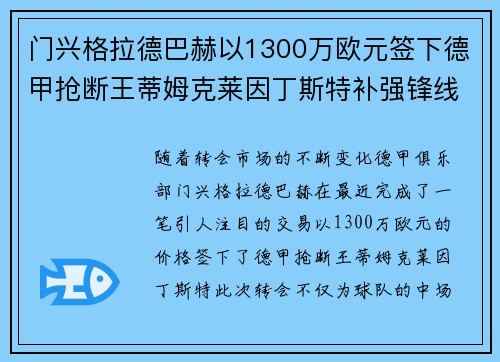 门兴格拉德巴赫以1300万欧元签下德甲抢断王蒂姆克莱因丁斯特补强锋线
